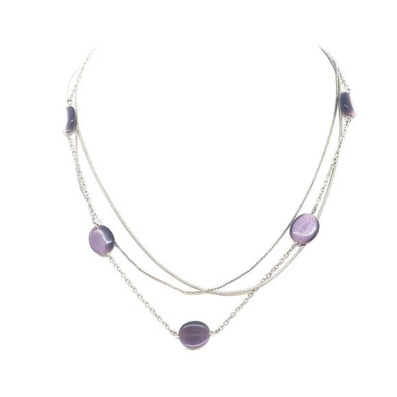 NY Multi Strand Necklace Silver Tone Purple Cat's Eye Beads Statement Layered - Picture 1 of 6